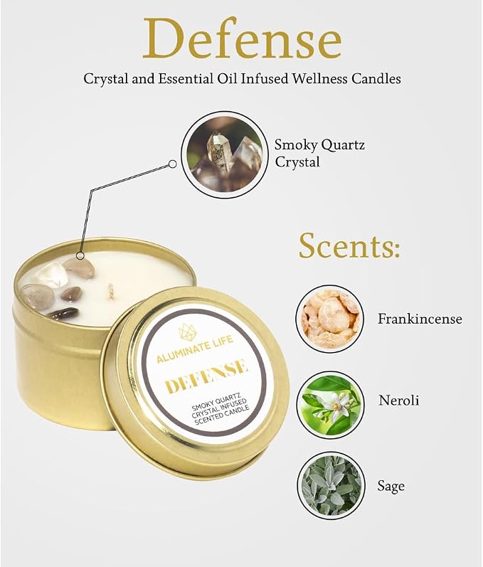 Luxury Candle Tin, 6 OZ, Defense - Smoky Quartz Crystal Infused - Scents of Frankincense, Neroli, & Sage - Detoxify, Ground, & Fortify - Coconut Wax Blend, Essential Oils