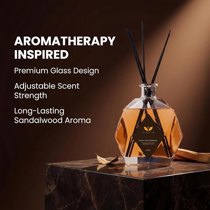 Luxury Reed Diffuser with Sandalwood Scent – Crystal Glass Bottle – Home Fragrance for Living Room, Bathroom & Office – 23.67 fl oz (700 ml)