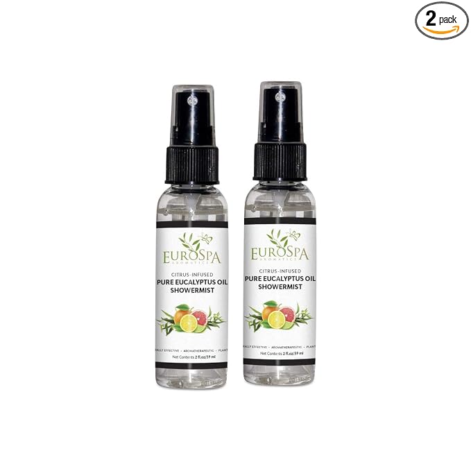 EuroSpa Aromatics Pure Eucalyptus Oil ShowerMist and Steam Room Spray, All-Natural Premium Aromatherapy Essential Oils - Citrus Infused, 2oz, 2 Pack