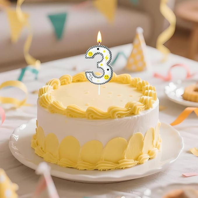 Number 3 Birthday Candle for Cake – 2.7 Inch Large Size Black White Checkered Smiley Design with Lightning & Star – therr Happy Dude Theme Cake Topper Decoration