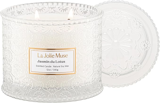 LA JOLIE MUSE Jasmine Lotus Scented Candles for Home, Natural Soy 2-Wick | Large Jar Luxury Candle, Clean Non Toxic, Gift for Women & Mom, Decorative White Candles, Pretty Floral Engaged Candle, 12 oz
