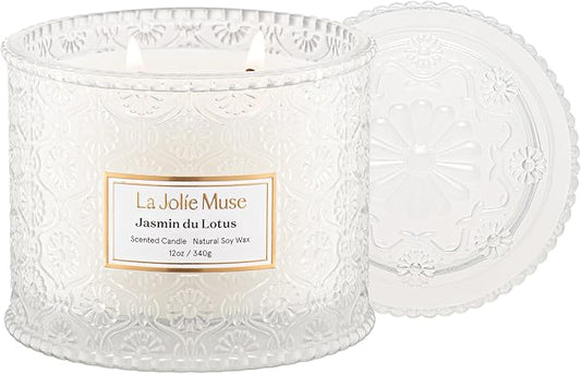 LA JOLIE MUSE Jasmine Lotus Scented Candles for Home, Natural Soy 2-Wick | Large Jar Luxury Candle, Clean Non Toxic, Gift for Women & Mom, Decorative White Candles, Pretty Floral Engaged Candle, 12 oz