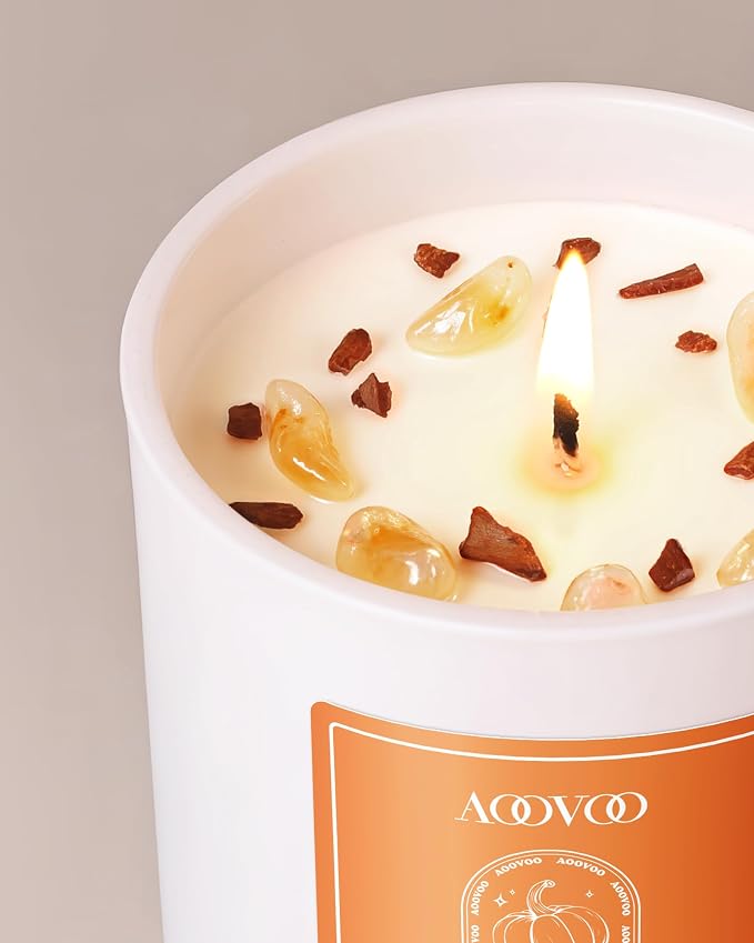 AOOVOO Pumpkin Scented Candles for Women - Aromatherapy Candle with Crystals Inside, 7oz Soy Candles for Home Scented, Christmas Birthday Gifts Candle for Women Mom