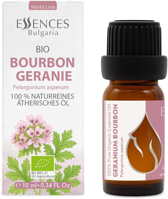 Essences Bulgaria Organic Geranium Bourbon Essential Oil 0.34 Fl Oz | 10ml | Pelargonium asperum | 100% Pure and Natural | Undiluted | Therapeutic Grade | Aromatherapy | Cosmetics | Cruelty Free