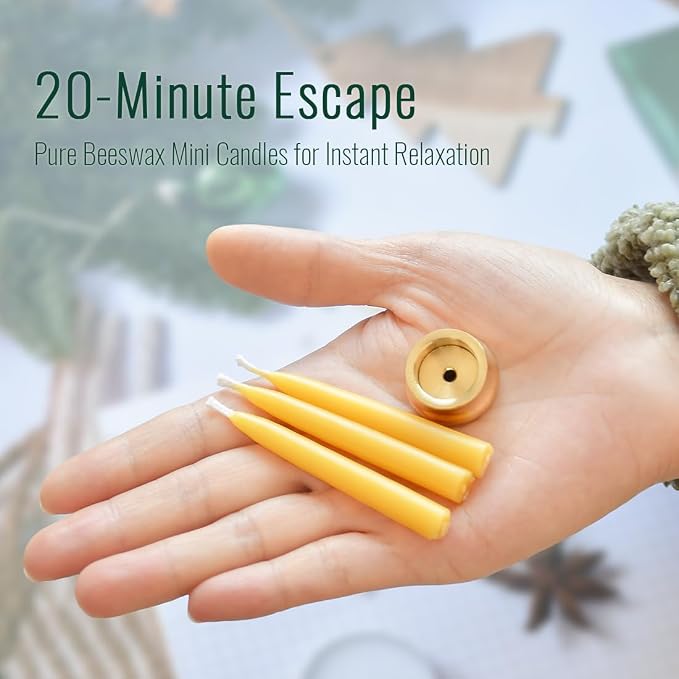 20 Minute Pure Beeswax Candles, Dripless Meditation Candles, Mini Taper Candles, Set of 20 with Brass Candle Holders.