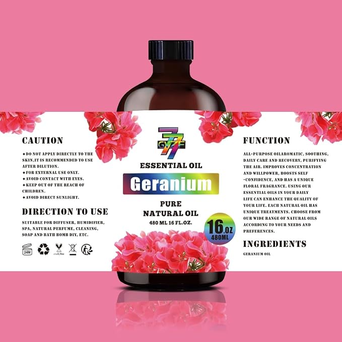 Geranium Essential Oil, Geranium Oils, for Diffuser, Skin, Humidifier, DIY Candles, Soap, Yoga, Massage, Gift, Essential Oil, GV77ZF Geranium Fragrance Oil - 16 fl oz (480 ml)