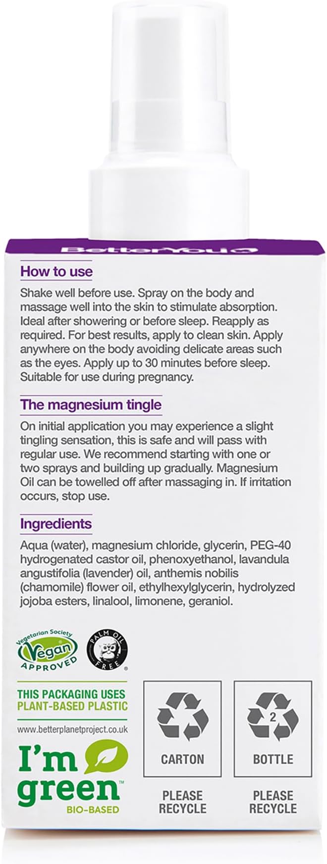 BetterYou Magnesium Muscle Body Spray - Relaxing Topical Magnesium and Essential Oil Spray - Lavender and Chamomile - Promotes Better Sleep - 3.38 oz