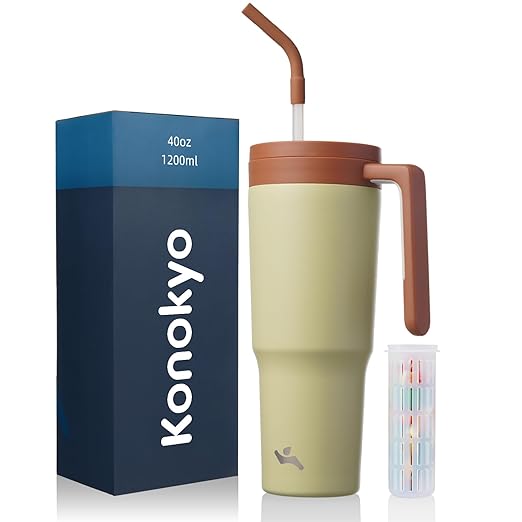 Konokyo Insulated Tumbler with Handle and Straw,40 OZ Vacuum Stainless Steel Water Bottle Travel Mug Metal Cup with Fruit Diffuser,Pistachio