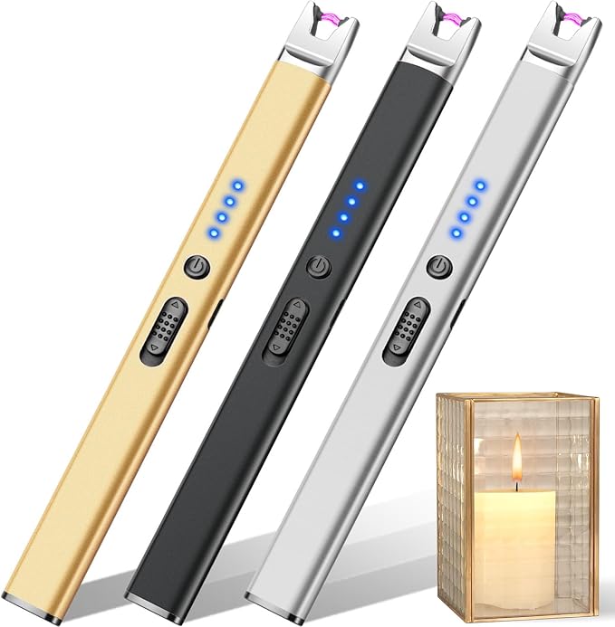 LcFun 3 Pack Candle Lighter Electric USB Rechargeable Plasma Arc Lighter with Safety Lock, Windproof Flameless Long Lighters for Candle, Grill, BBQ, Camping, Gas Stoves (Black,Silver,Gold)