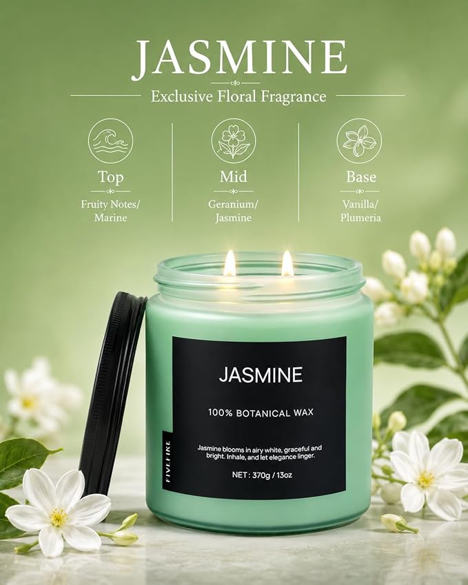 Jasmine Home Scented Candles, 13oz Organic Soy Wax, 76-Hour Clean Burning, Natural Candles Non Toxic, Floral Scent for Relaxation, Aromatherapy Housewarming Candle for Men Women