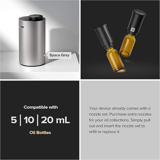 Airversa Waterless Essential Oil Diffuser for Home Aromatherapy Scent Diffusers with 3 Countdown Timer Settings or Timer-Off, 3 Mist Levels for Car Room Studio Office, ANX Premium Metal Spce Grey