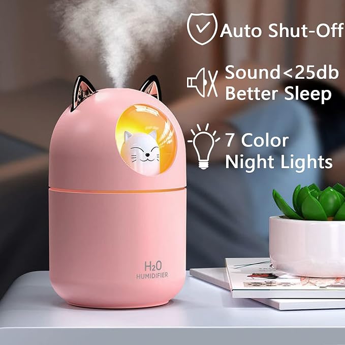 Cute Portable Pink Cool Mist Humidifier with 6 Pcs Filter Cotton Sticks, 7 Color Night Light, USB, for Bedroom, Office, Desk, Car, Travel
