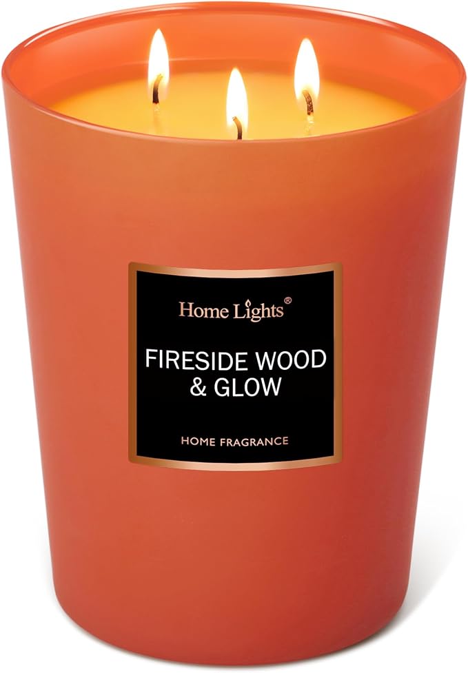 HomeLights Scented Candles - Large Jar Aromatherapy, Natural Soy Wax, 130 Hour Long Burning, Fireside Wood & Glow