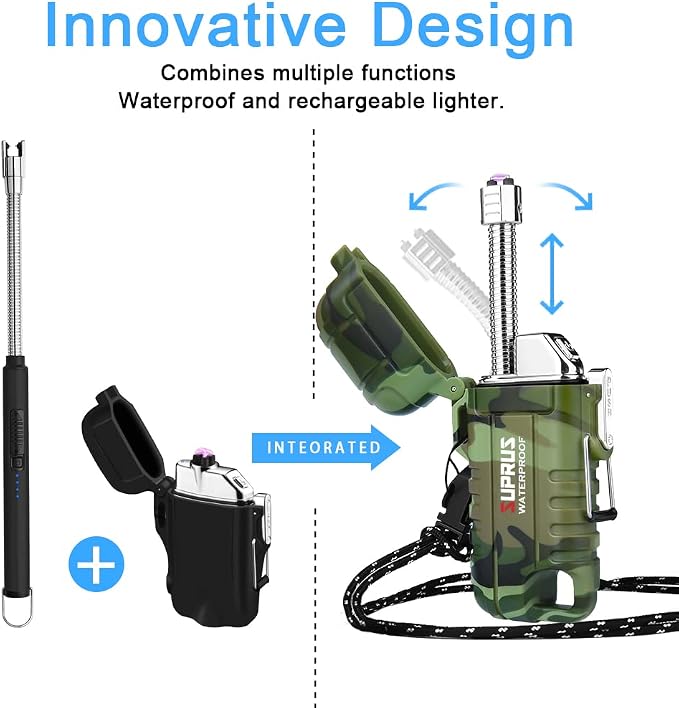 SUPRUS Waterproof Lighter Windproof Lighter Arc Plasma Lighters USB-C Rechargeable with Expandable and Flexible Neck for Outdoor, Camping & Kitchen (Camouflage, 2Packs)