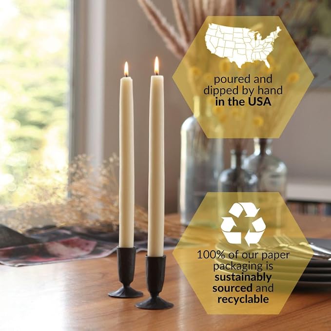 Big Dipper Wax Works Ivory White Hand-Dipped Beeswax Taper Candles – 12” x 7/8”, 2-Pack, 100% Pure Beeswax, Long Burning, Clean, Cotton Wick, Handmade in USA, Home Décor & Wedding Candles
