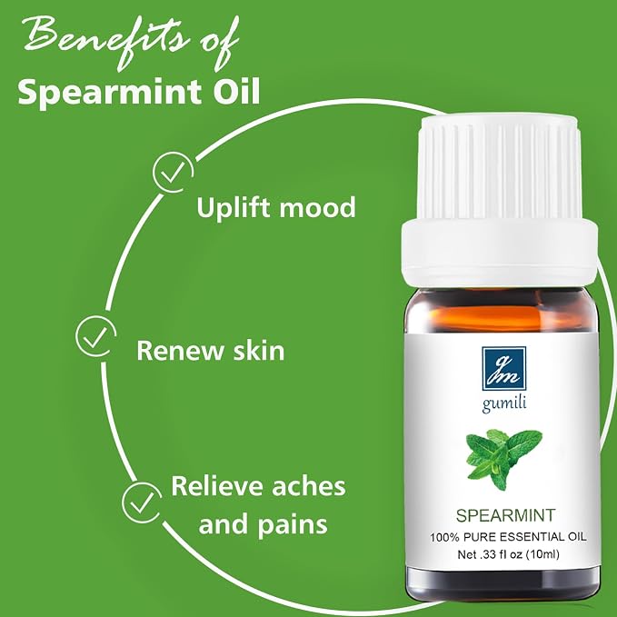 GM Gumili Spearmint Essential Oil, 100% Pure Natural Spearmint Oil for Diffuser, Face, Skin, Hair Care - Refreshing Aroma - 10mL