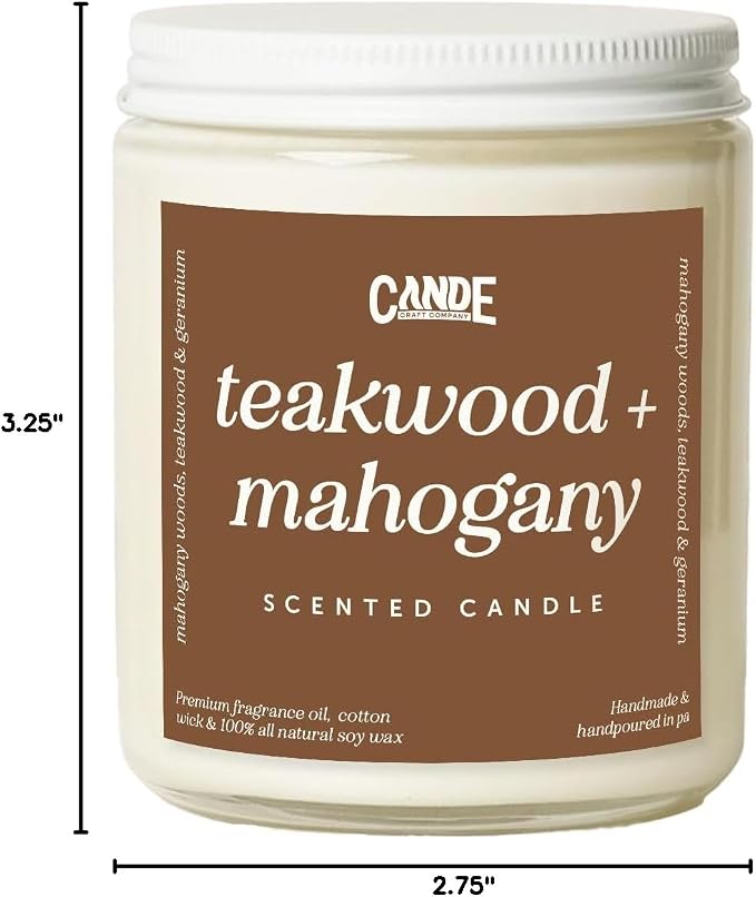 Scented Soy Wax Candle for Home, Luxury Scented Soy Jar Candle, Hand Poured in The USA, Highly Scented & Long Lasting for Home, Mom, Women, Birthday Gift (Teakwood & Mahogany)