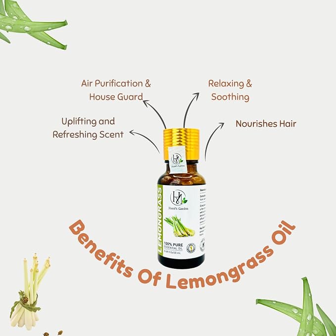 Hami’s Garden Lemongrass Essential Oil – 0.68 fl Oz/20 mL – 100% Pure and Natural – Premium Grade with Glass Dropper - for Diffusers, Home Care, Soap Making.