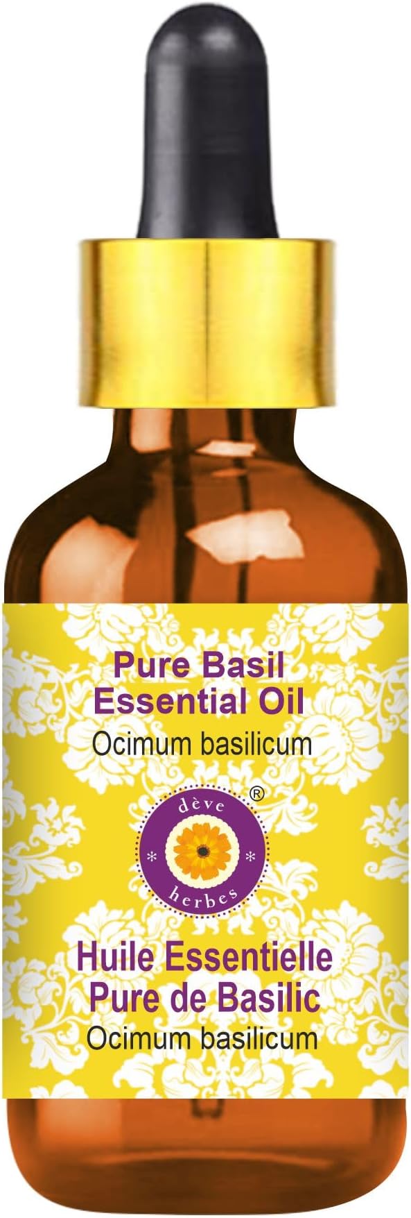 Deve Herbes Pure Basil Essential Oil (Ocimum basilicum) with Glass Dropper Steam Distilled 100ml (3.38 oz)