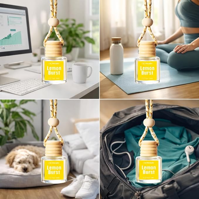 Hanging Car Air Freshener 2 Pack, Lemon Scent Essential Oil Car Diffuser Bottle, Refillable Hanging Auto Aromatherapy Freshener, Long Lasting Odor Eliminator for Car, Truck, SUV
