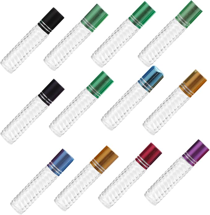 12pcs 5ml Refillable Glass Roll-on Bottles Essential Oil Bottle Kit Portable Perfume Sub-packaging Empty Mini Roller for Travel and Aromatherapy Random Color