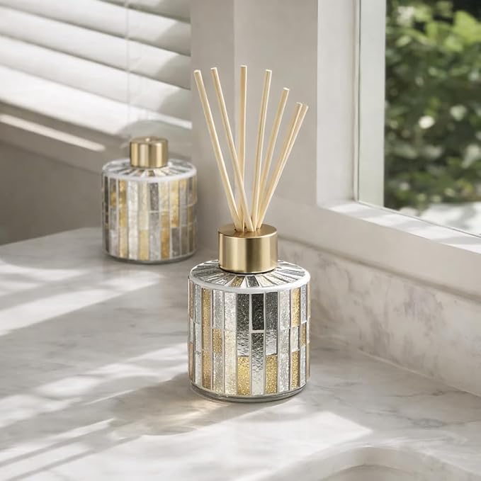 7.3oz Decorative Vertical Stripe Mosaic Glass Reed Diffuser Bottle Set with Silver Caps & 16pcs Natural Feed Sticks-Set of 2 - Ideal for Home Fragrance, Bathroom Decoration, Accent (Amber)