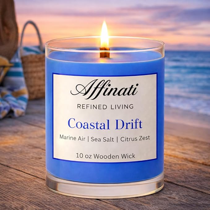 Affinati Coastal Drift Scented Candle, 10 oz Wooden Wick Tumbler Jar – Fresh Ocean Breeze Aromatherapy, Clean Soy Wax Blend Gift