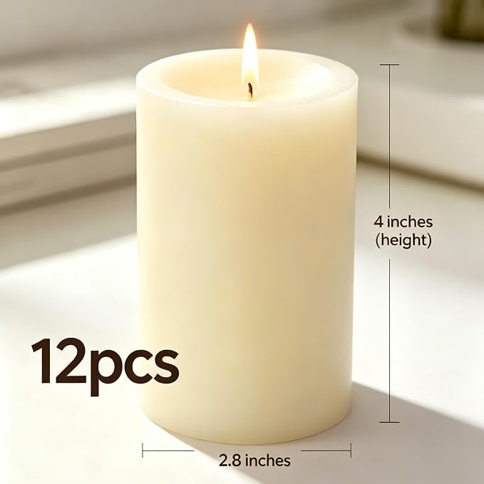 Ivory Pillar Candles – 2.8x4 Unscented Candle Set of 12 – Dripless, Smokeless, and Clean Burning Household Large Decorative Table Candles – Perfect for Weddings, Parties, Dinners