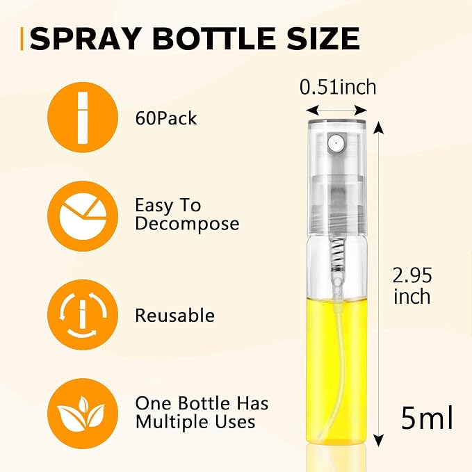 Mini Spray Bottle 5ml, Refillable Glass Spray Bottle, Glass Bottle Atomizer, Perfume Mouthwash Atomizer for Cleaning Refillable Container for Travel, Essential Oils, Perfume 60 Pcs, 5ml