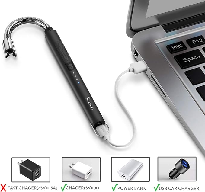 SUPRUS Electric Candle Lighter USB Type C Rechargeable Lighter Steel Shell & Hanging Hook with 360° Flexible Neck (Black)