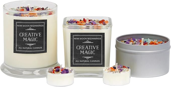 Creative Magic Candles by New Moon Beginnings - Focus, Creativity, & Concentration - Herb & Crystal Candles - Soy Aromatherapy Candle - 12oz Glass Jar