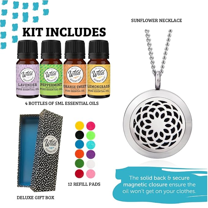 Wild Essentials Sunflower Necklace Essential Oil Diffuser Kit with Lavender, Lemongrass, Peppermint, Orange Oils, 12 Refill Pads, Calming Aromatherapy Gift Set, Customizable Color Changing, Perfume