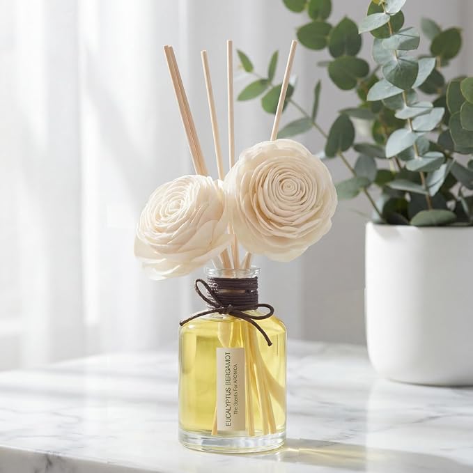 Aronica Twin Sola Diffuser 160ml_Eucalyptus and Bergamot Essential Oil Flower Diffuser, Non Toxic Reed Diffusers, Beach Themed Home Room Decor, Natural Gift for Men, Beach Scent