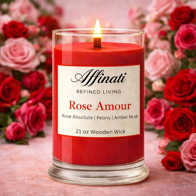 Affinati Rose Amour Large Scented Candle, 21 oz Wooden Wick Tumbler – Extra Long Lasting Premium Floral Fragrance, Large Room Luxury Soy Candle