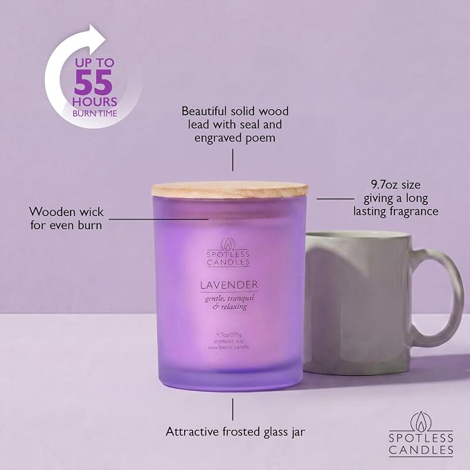 Lavender Candle; 9.7 oz:, 55 Hrs Burn Time, Soy Wax Purple Frosted Jar with Crackling Wooden Wick & Luxury Gift Box: Lavender Scented Candle by Spotless Candles