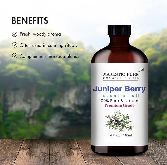 Majestic Pure Essential Oil with Glass Dropper - 100% Pure and Natural - Essential Oils for Diffuser, Aromatherapy, Soap and Candle Making, Juniper Essential Oil, Juniper Oil, 4 Fl Oz