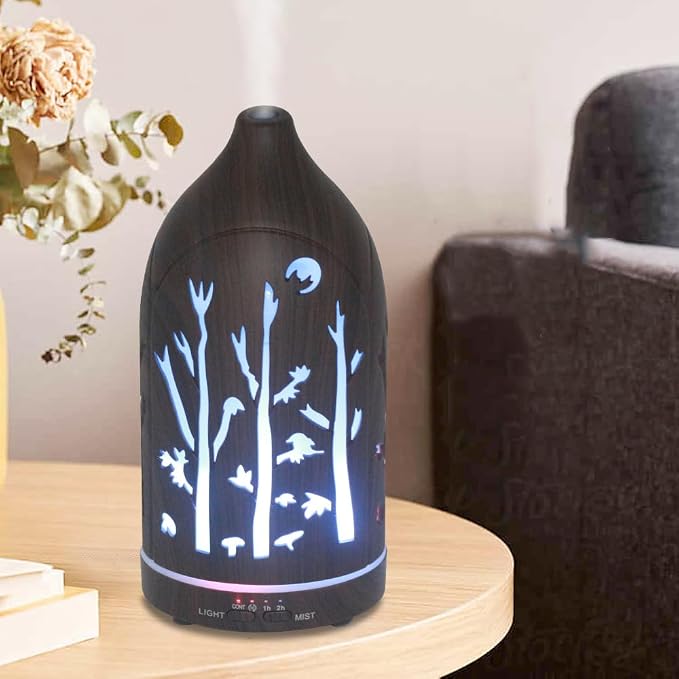 Essential Oil Diffuser,7.1''x3.5'' Air Diffusers with 3 Aromatherapy Oils Set,Small 200ml Humidifier with 7 LED Colors Lights,Waterless Auto-Off for Desk Office Home Decor Gift(Tree Dark Wood Grain)