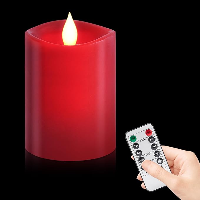 3x4 inch Red Flameless Candles: Realistic Flameless LED, Battery-Powered Pillar Candles with Remote & Timer, Fake Candles for Fall Decor, (Red, 3"*4"-1pcs)