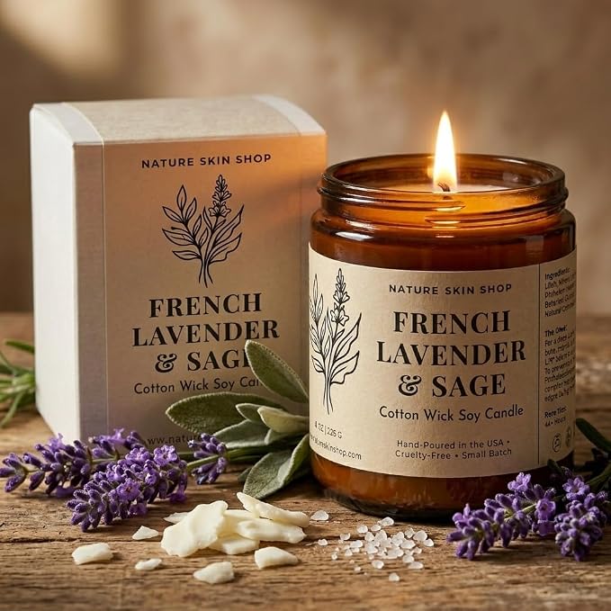 Nature Skin Shop French Lavender and Sage Artisan Soy Candle Calming Aromatherapy Home Fragrance Vegan Cotton Wick 8 oz