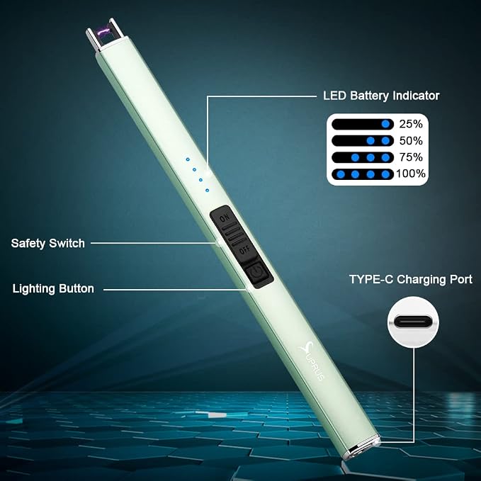 SUPRUS Electric Arc Windproof Flameless USB Lighter Rechargeable Lighter with Safety Lock for Candle BBQ Camping (Green, 3)