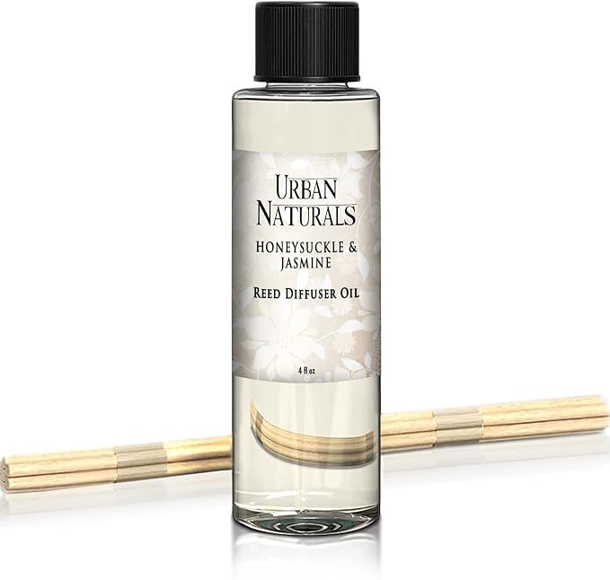 Urban Naturals Honeysuckle & Jasmine Reed Diffuser Oil Refill | Beautiful Floral Fragrance | Hyacinth, Neroli, Iris, Rose & Lily of the Valley | Includes Free Set of Reed Sticks! Made in the USA