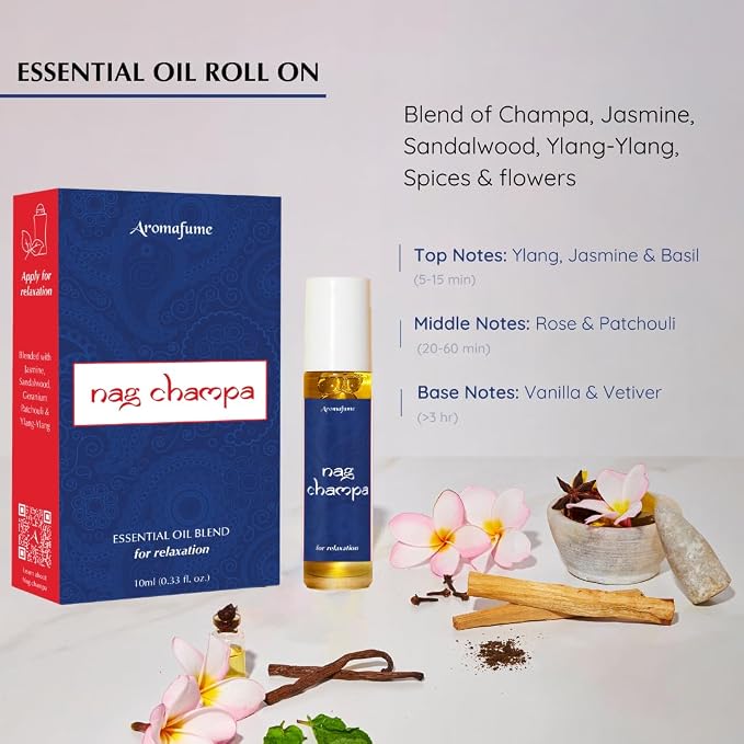 Nag Champa Essential Oil Roll-On Blend by Aromafume | 10ml | Made with Sandalwood, Jasmine, Ylang Ylang & Champa Flower extracts | Ideal for Meditation & Rituals