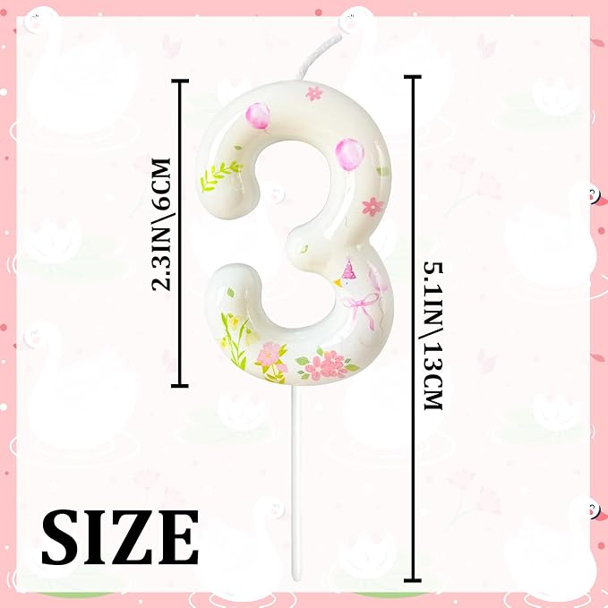 Number 3 Birthday Candle for Cake – Goose Inspired Design with Floral, Balloon & Leaf Details – Farm Theme Cake Topper for Birthday Party Decoration