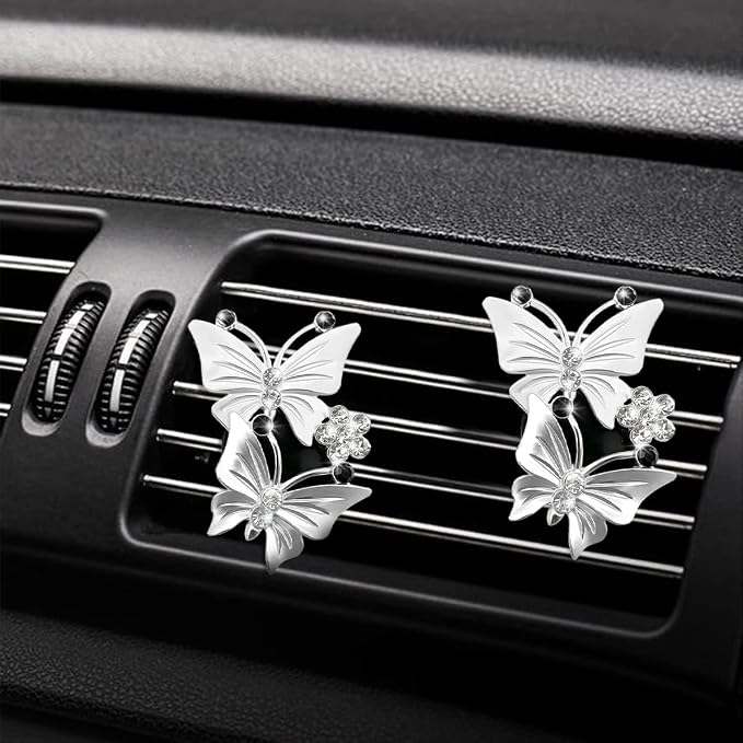 1PC Car Air Fresheners Vent Clips, Cute Dual Butterfly Diamond Rhinestone Car Vent Clip, Air Outlet Perfume Diffuser, Sparkly Bling Car Interior Decoration Accessories for Girls Women