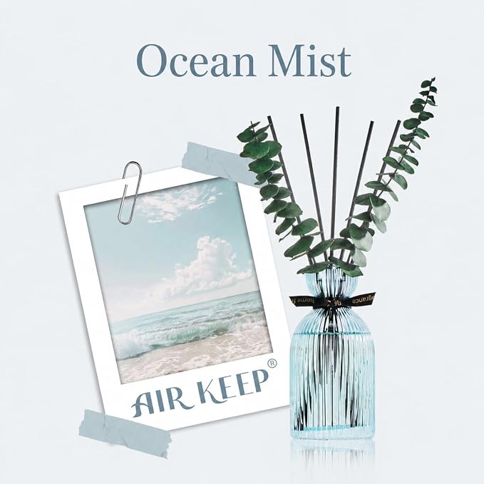Airkeep Reed Diffuser Set 6.76 oz – Ocean Mist Decorative Home Fragrance with Eucalyptus Sticks, Ribbed Glass Diffuser for Bathroom & Bedroom Décor, Gift Ready