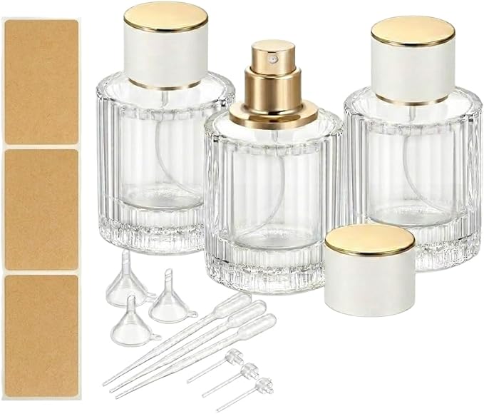 50ml Empty Perfume Spray Bottles, 3 Pack Ribbed Glass Atomizer Bottle Refillable Portable Glass Atomizers with Funnel and Dropper, Fine Mist Spray for Women Men Dispenser Fragrance Container Set