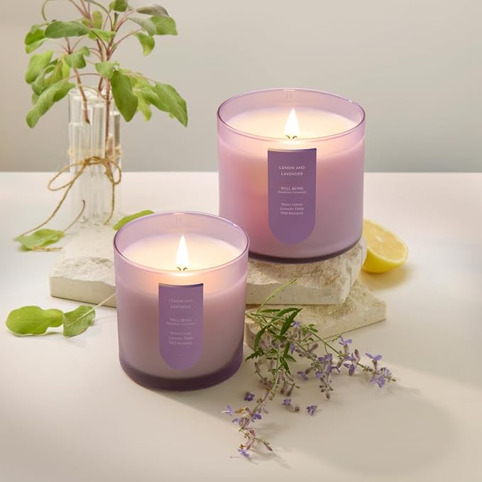 CUE Scented Candle |MoodBoost Essential Oils |OpenWick Clean Burning Candle | Soy Coconut Wax Blend | Candle for Home | Self-Care Gift for Women |Extended Burn Time (14oz, Lemon and Lavender)