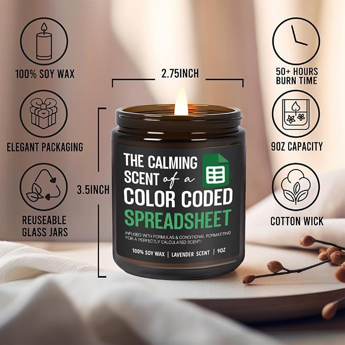 Funny Spreadsheet Candle Gifts for Coworker The Calming Scent of a Color Coded Spreadsheet, Accountant Candle Gifts for Women Men, Funny Accountant Gift for Christmas Birthday, Lavender Candles 9OZ