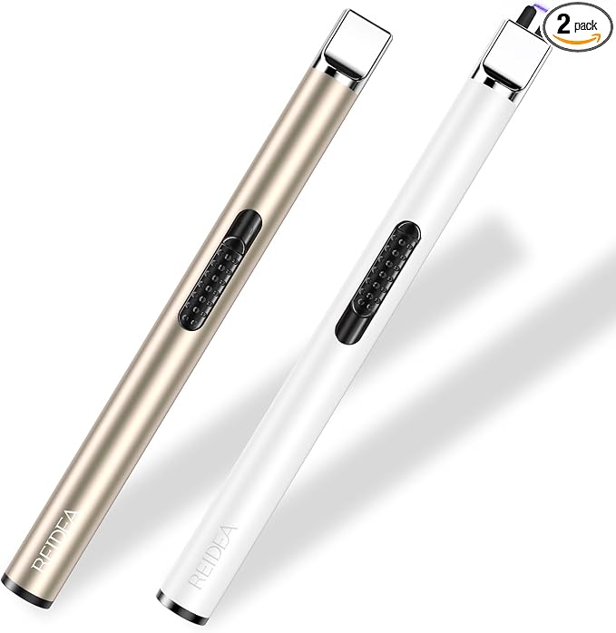 REIDEA Electronic Candle Lighter - USB Rechargeable with Security Lock, Windproof, Non-Slip Switch for Candle, Grill, Camping (Champagne Gold + White)