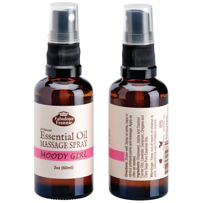Fabulous Frannie Moody Girl (Formally PMS) Massage Spritz Made with Carrier Oils and Geranium, Lavender, Oregano and Clary Sage Essential Oils 2oz